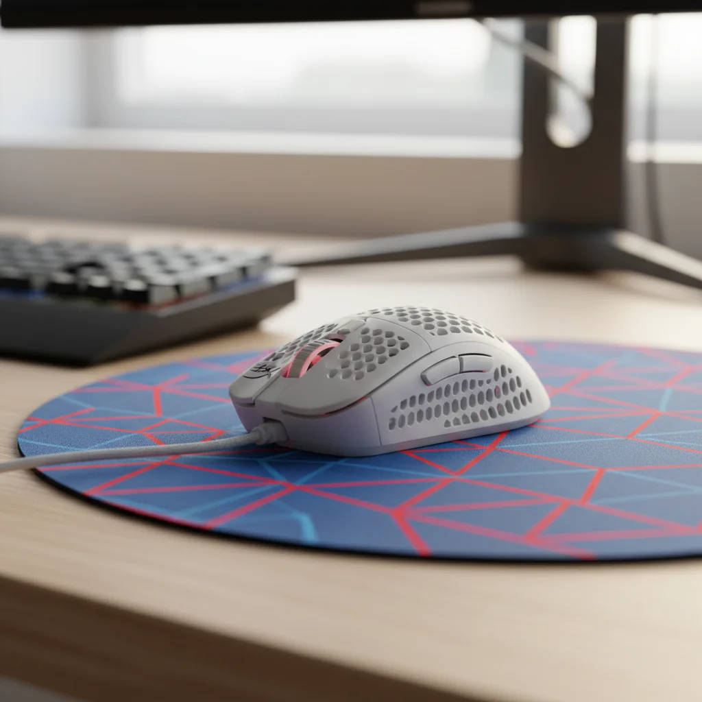 The HyperX Pulsefire Haste 2 Wired gaming mouse, highlighted by its honeycomb-like, ultralight design and clean, minimalist aesthetic, presented on a vibrant gaming mat to emphasize its speed.