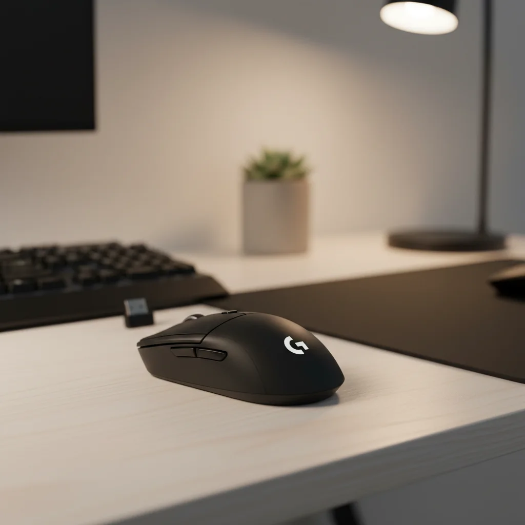 The Logitech G305 LIGHTSPEED Wireless gaming mouse, showcasing its clean, minimalist, and compact design in black, highlighting its wireless nature on a modern desk setup.