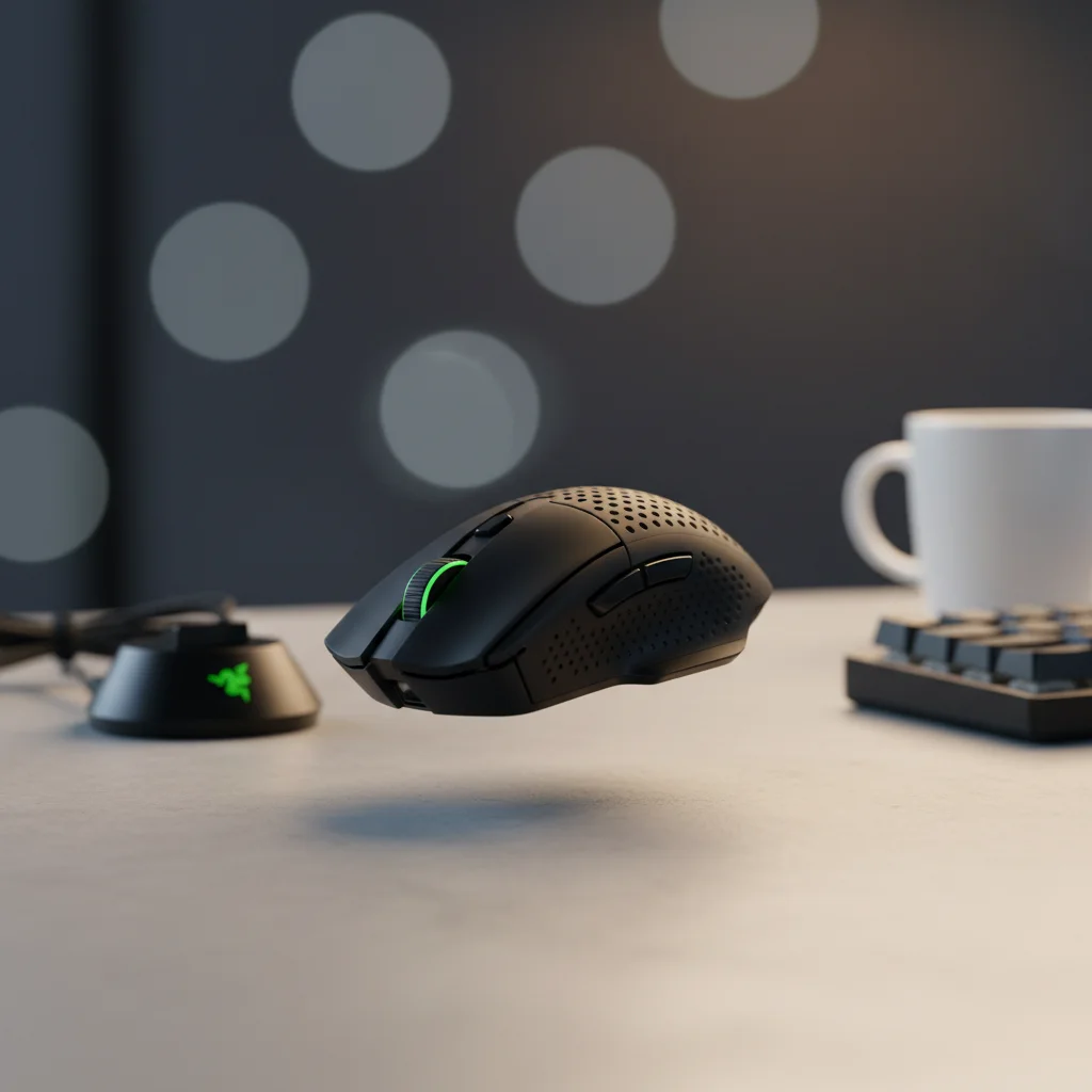 The Razer DeathAdder V3 Pro wireless gaming mouse in black, showcasing its refined ergonomic shape and ultralight design, floating above a clean, minimalist desk setup.