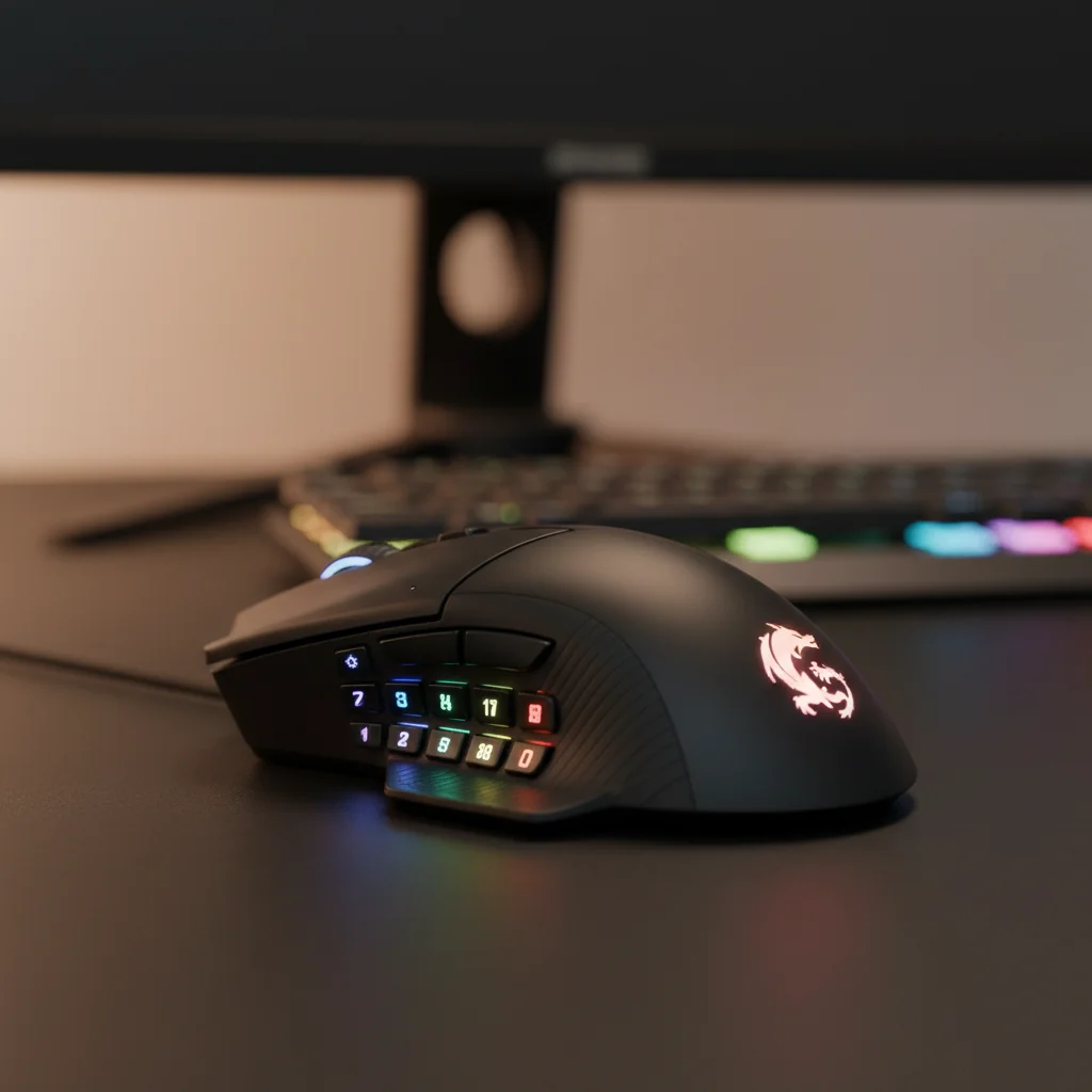 The Redragon M908 Impact gaming mouse, showcasing its array of programmable side buttons, ergonomic design, and vibrant RGB lighting, photographed from a slight angle on a dark background.