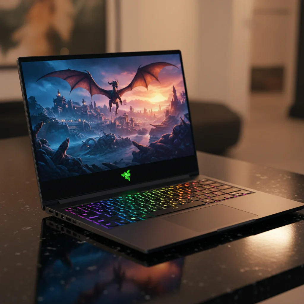 A breathtaking, sleek, and minimalist shot of the "Razer Blade 16" gaming laptop on a dark, reflective surface, emphasizing its slim aluminum chassis, vibrant dual-mode display showing a cinematic game scene, and subtle RGB lighting.