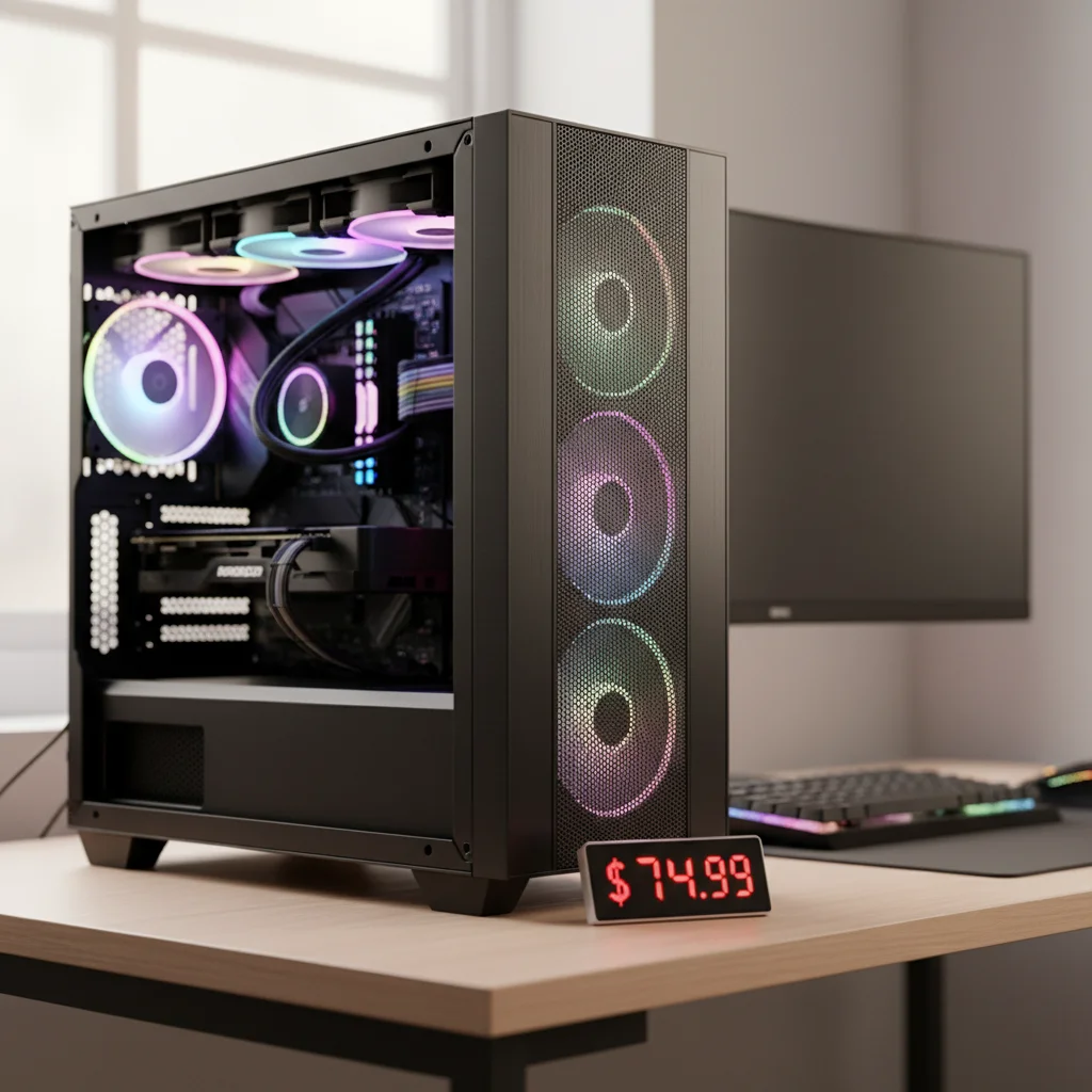 A sleek, affordable gaming PC case, showcasing good airflow design and RGB lighting, with a price tag clearly visible under $75, in a modern gaming setup. Photographic style: Product photography.