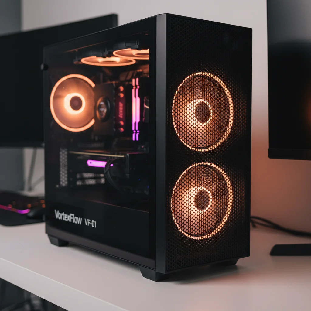 The "VortexFlow VF-01" gaming PC case, featuring a full mesh front panel, a tempered glass side panel showcasing internal components with subtle RGB lighting, and two pre-installed fans, in a vibrant gaming setup. Photographic style: Action shot with gaming ambiance.