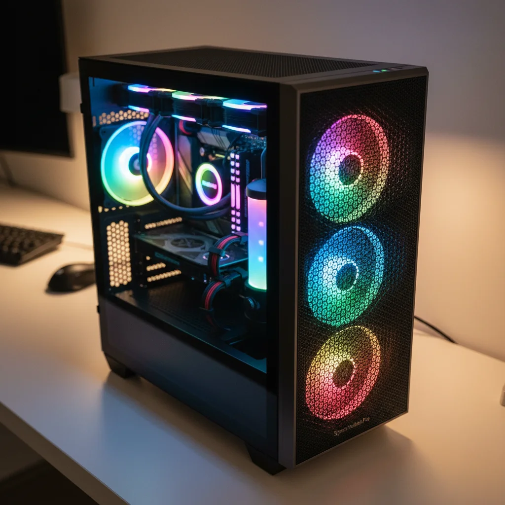 The "SpectraMesh Pro" gaming PC case, featuring a solid, fine mesh front panel, multiple vibrant RGB fans visible through the tempered glass side, and a clean, organized interior for cable management. Photographic style: High-angle dynamic shot highlighting the RGB.