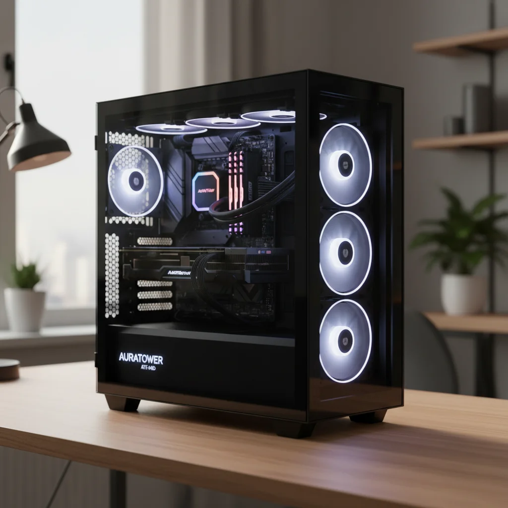The "AuraTower ATX-Mid" gaming PC case, featuring a sleek, minimalist design with a panoramic tempered glass front and side panel, displaying perfectly managed internal components and soft, diffused RGB lighting. Photographic style: Architectural product shot.