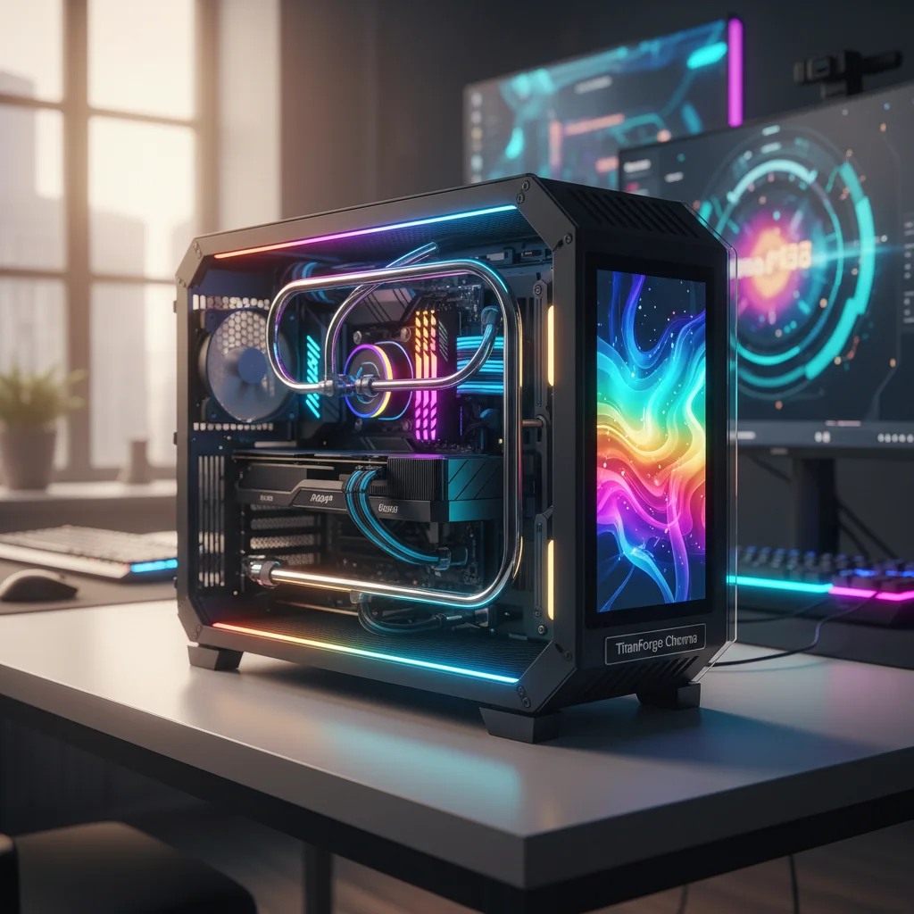 The "TitanForge Chroma" ultra-premium gaming PC case, showcasing an open-frame design with advanced liquid cooling loops, a customizable LCD screen, and dynamic, multi-zone RGB lighting, positioned as a centerpiece in an elaborate gaming room. Photographic style: Futuristic concept art.