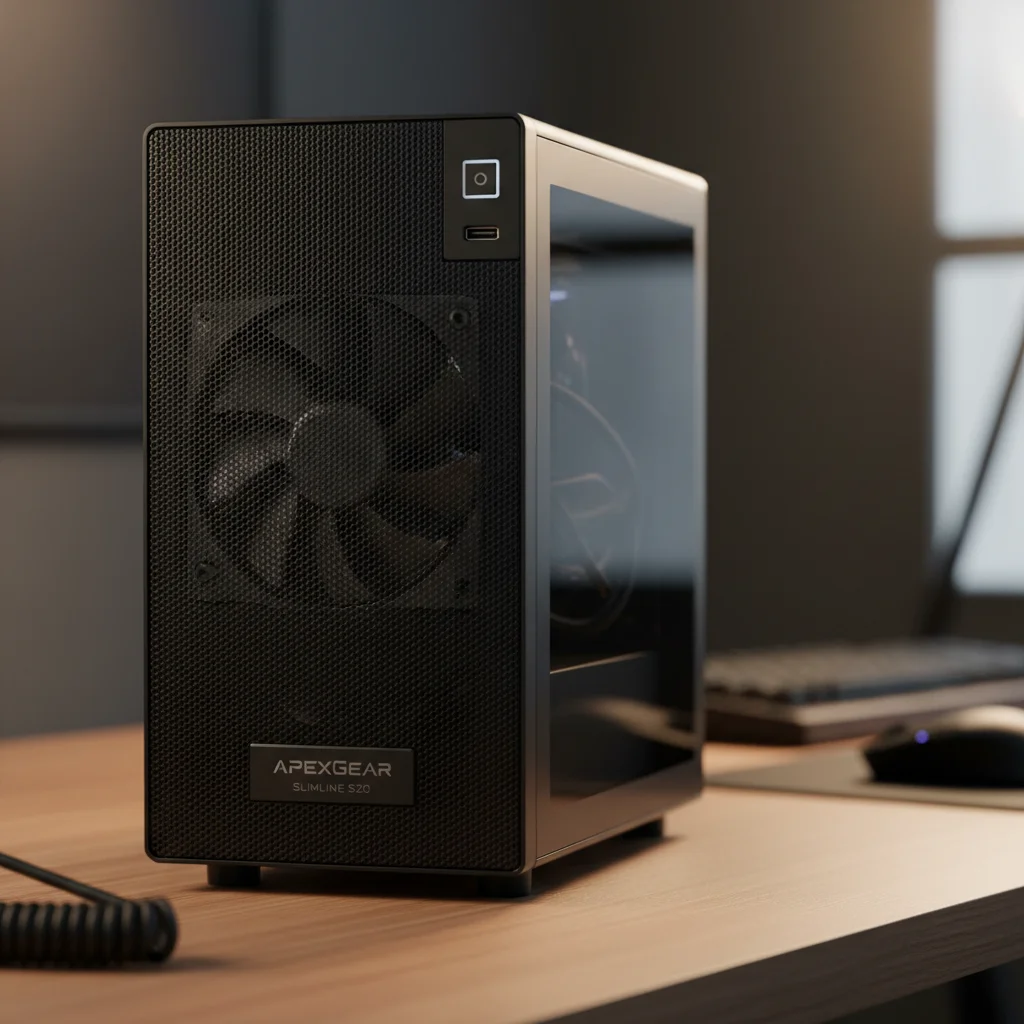 A compact and minimalist black gaming PC case, the "ApexGear Slimline S20", with a simple mesh front panel and a single included fan visible, positioned on a basic desk setup. Photographic style: Studio product shot.