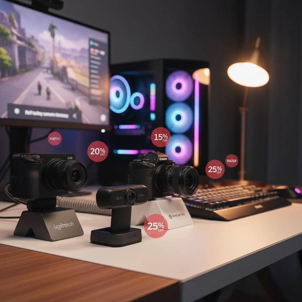 A visually appealing hero shot of several modern streaming webcams from different brands arranged artistically on a desk with a gaming PC setup in the background, showcasing current discounts.