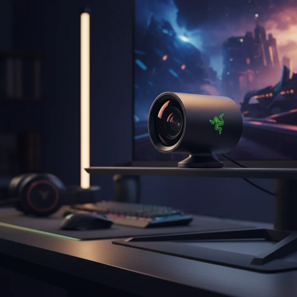 A detailed shot of the Razer Kiyo Pro webcam, focusing on its large lens and sleek black cylindrical design, positioned on a monitor in a dim-lit gaming room to showcase its low-light prowess.