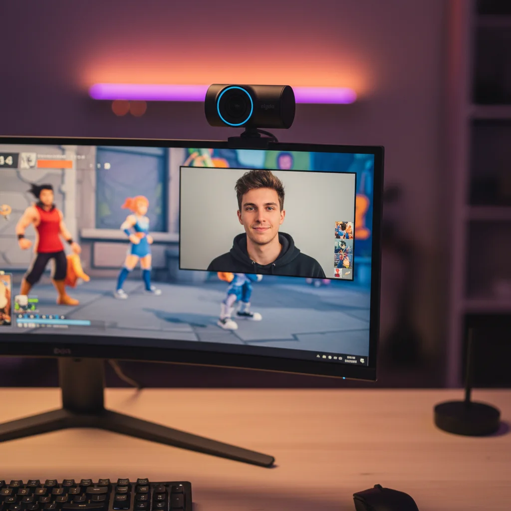 The Elgato Facecam, compact and discreet, prominently featured on a professional streamer's monitor, capturing a bright, clear image of the streamer.
