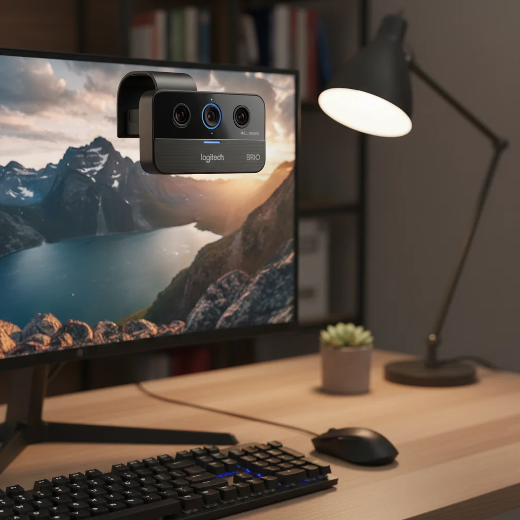 The Logitech Brio 4K Ultra HD Webcam, sleek and premium-looking, positioned on a monitor within a high-end home office setup, emphasizing its 4K resolution capabilities.
