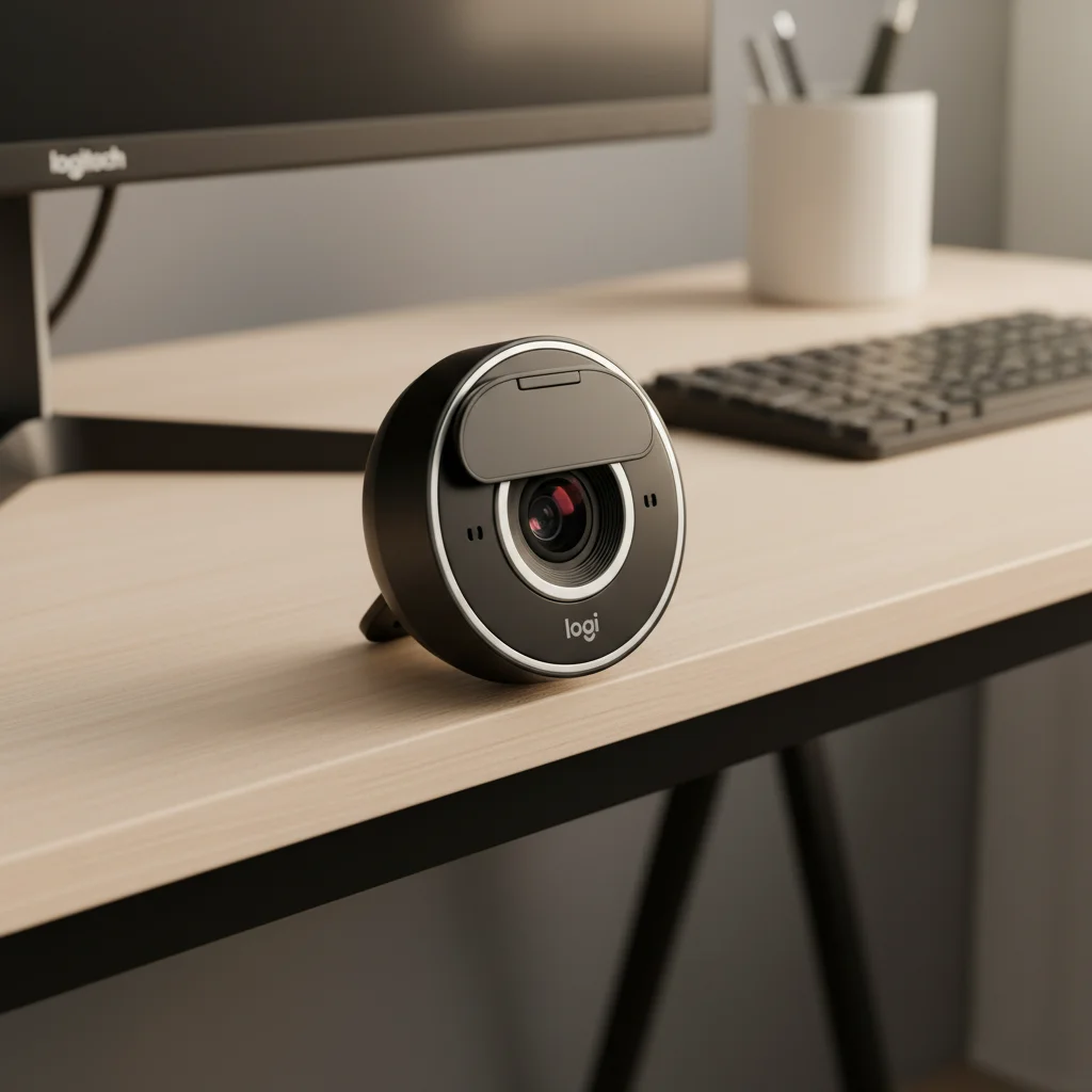 A close-up shot of the Logitech C920S HD Pro Webcam, clearly showing its lens and integrated privacy shutter, mounted discreetly on a slim monitor.