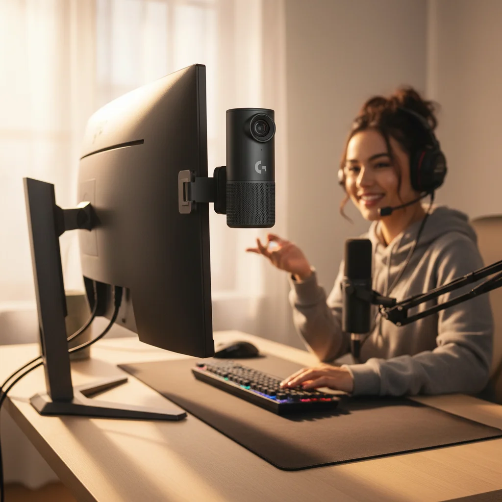 The Logitech StreamCam in a modern streaming setup, mounted vertically on a monitor, capturing a streamer at their desk, highlighting its unique vertical video capability.