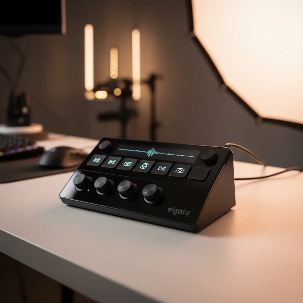 A hero shot of the Elgato Stream Deck Plus prominently displayed on a sleek desk setup, featuring its LCD keys, touch strip, and four tactile knobs, in a modern, well-lit studio environment.