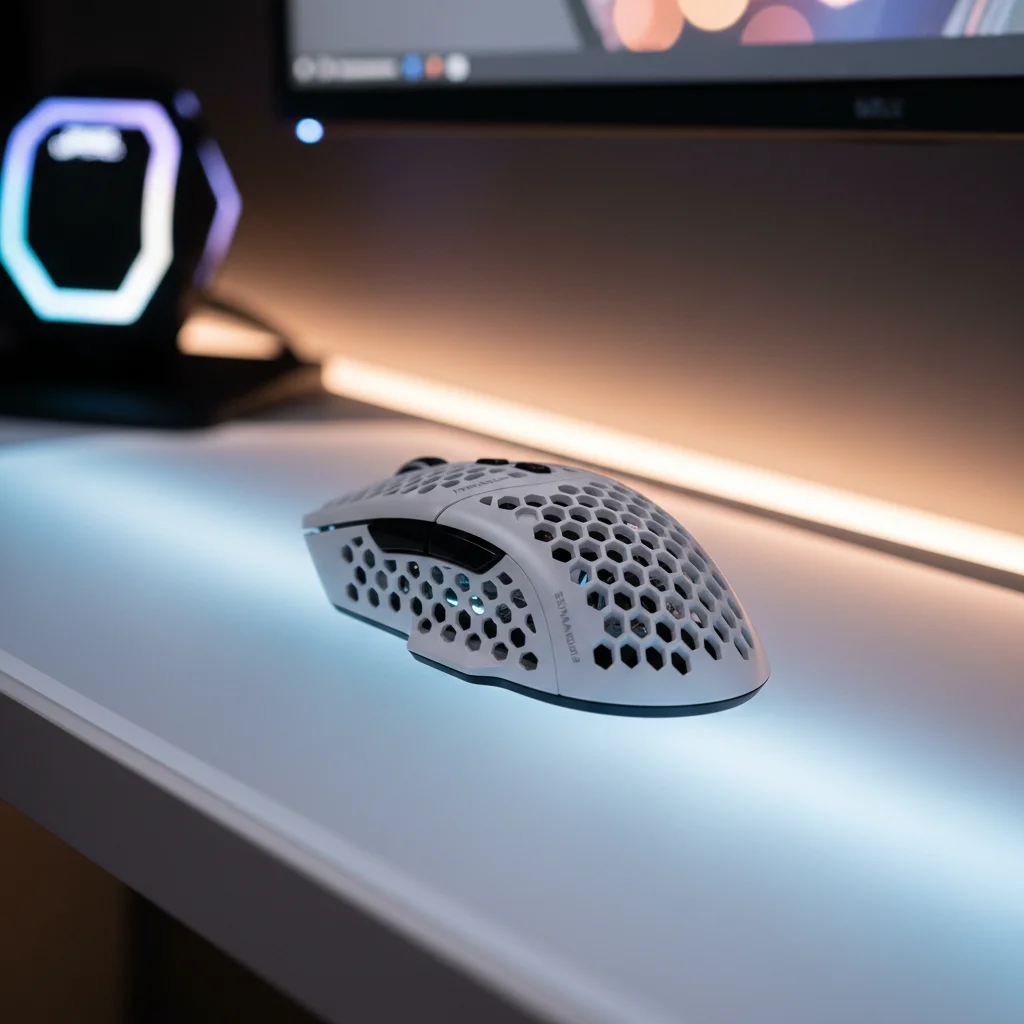 A close-up, high-angle shot of the Finalmouse Ultralight X gaming mouse, showcasing its honeycomb shell design and transparent base, against a futuristic gaming setup illuminated with subtle RGB lighting.