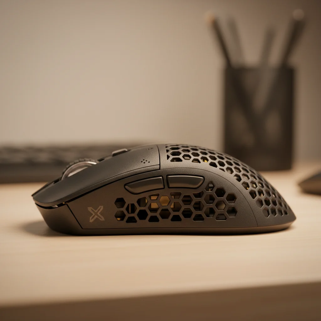 A detailed side profile shot of the it, emphasizing its ergonomic shape, button placement, and the magnesium alloy chassis's texture and honeycomb perforations.