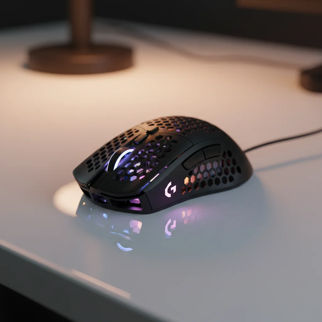 A top-down, dynamic studio shot of the black Glorious Model O 2 Wireless gaming mouse, highlighting its honeycomb shell design and subtle RGB lighting.