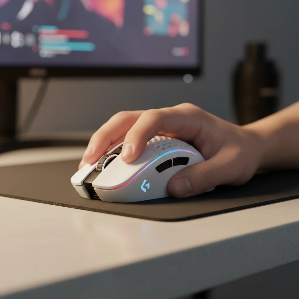 A hand using a claw grip on the it mouse, demonstrating its ambidextrous shape and comfortable contours during gameplay.