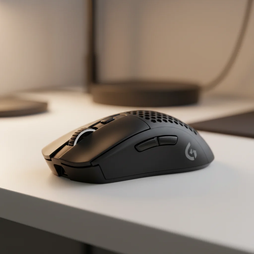 A close-up, angled view of the Glorious Model O 2 Wireless mouse, highlighting its smooth matte finish, ergonomic curves, and side button placement.