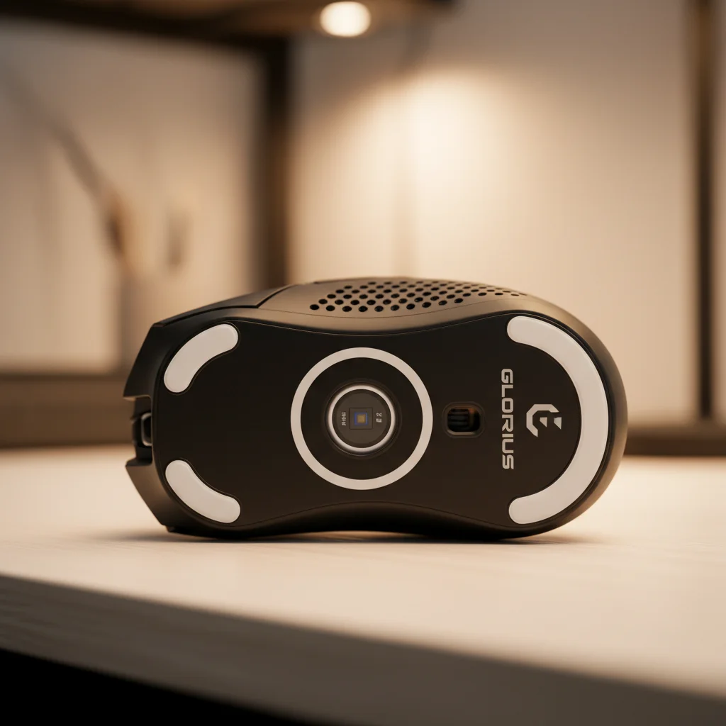 An underside shot of the it, clearly showing the BAMF 2.0 sensor, the smooth PTFE glide feet, and the Glorious branding.