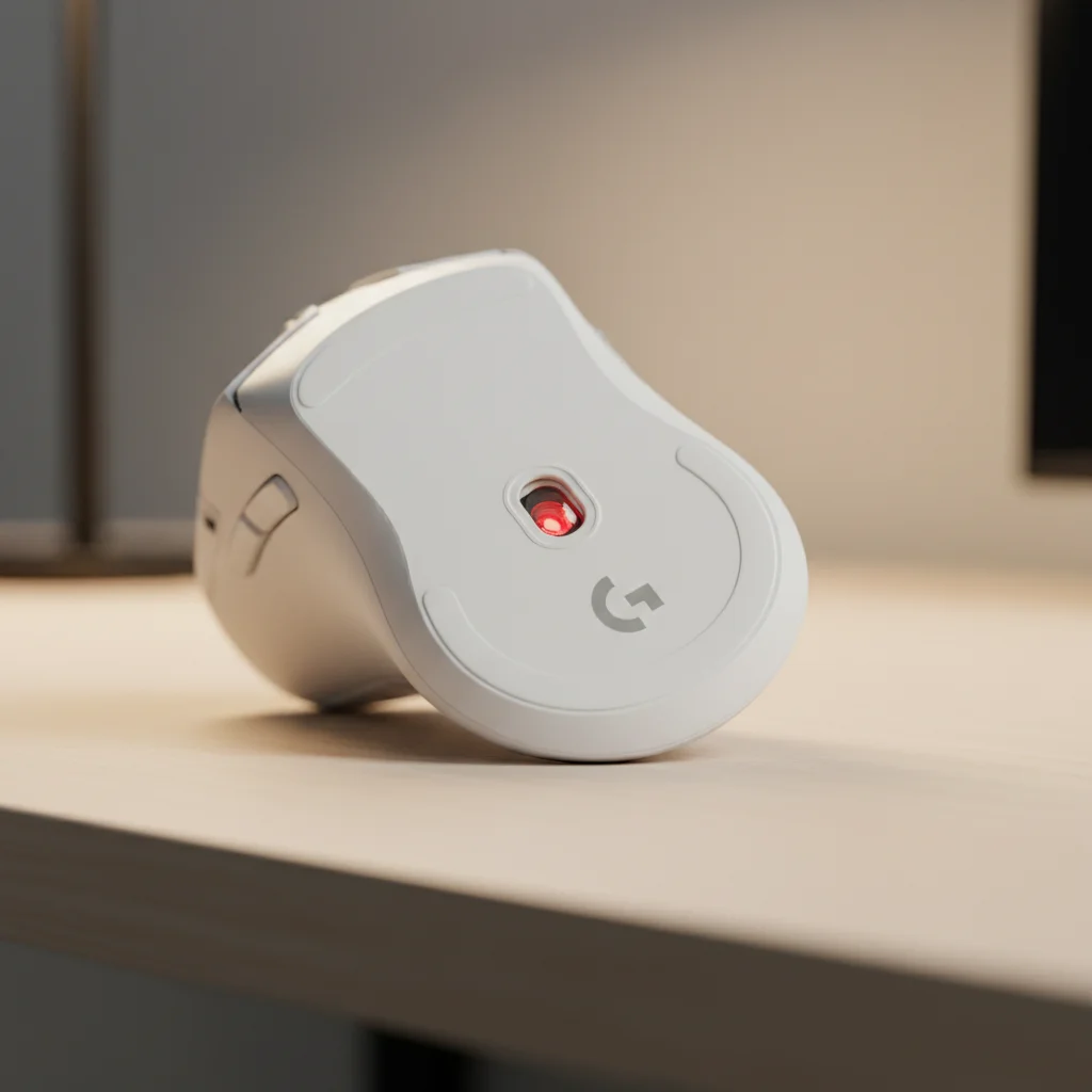 A close-up shot of the underside of the it mouse, focusing on the HERO 35K sensor lens and the ultralight PTFE glide feet.