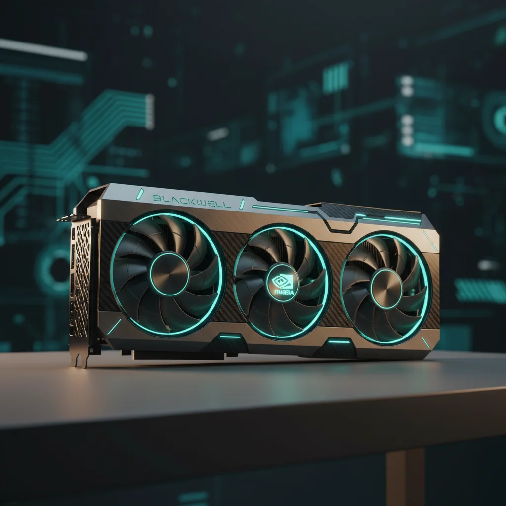 A futuristic, sleek concept design of an NVIDIA graphics card, possibly labeled 'Blackwell', with glowing elements, presented against a dark, high-tech background in a promotional style.