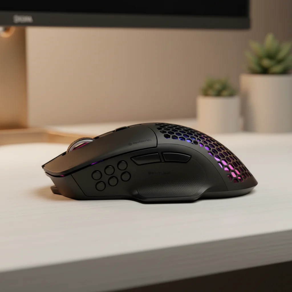 A detailed side-profile shot of the SteelSeries Aerox 5 Wireless gaming mouse, emphasizing its ergonomic right-handed shape and the multiple side buttons.