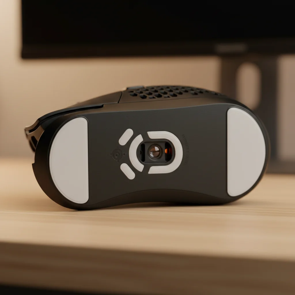 A close-up shot of the underside of the it mouse, showing the TrueMove Air sensor lens and its high-quality PTFE glide feet.