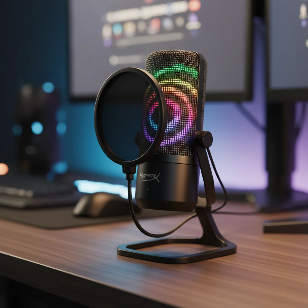 A vibrant close-up of the HyperX QuadCast S microphone, showcasing its customizable RGB lighting and integrated pop filter, set against a dark, gaming-themed background. Photographic style: dynamic, high-tech, appealing.