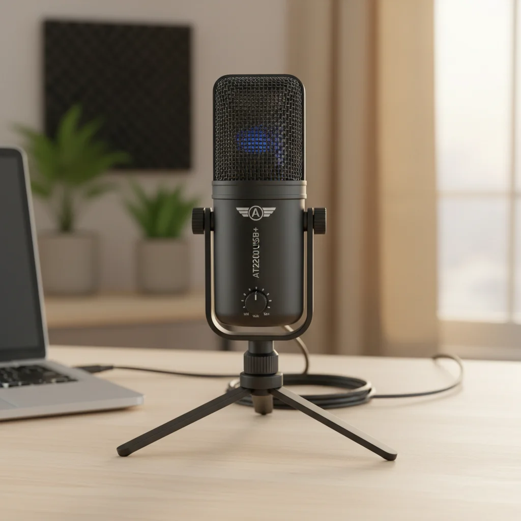 The Audio-Technica AT2020USB+ condenser microphone, recognizable by its sturdy metal grille, sitting on its tripod desk stand, ready for recording in a home studio environment. Photographic style: professional, reliable, classic.