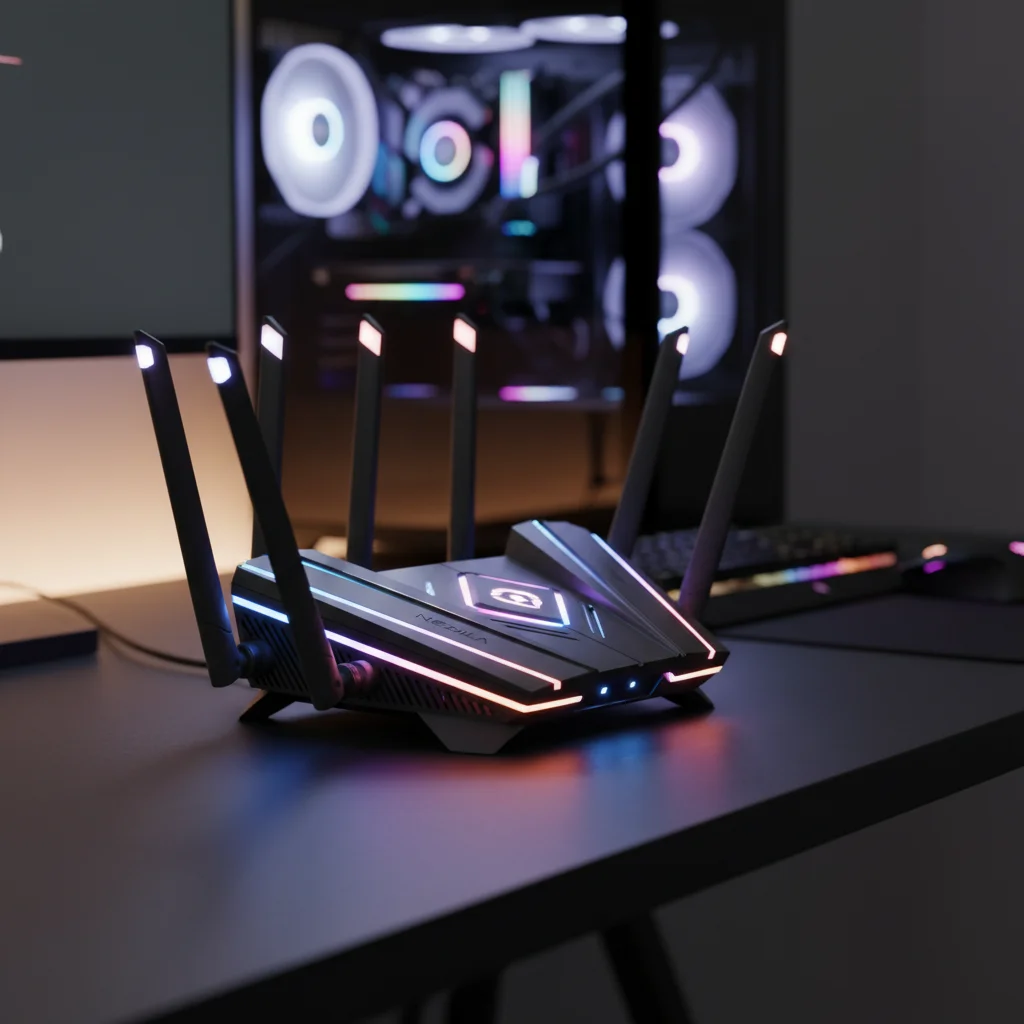 A futuristic-looking gaming router with glowing LEDs and multiple antennas, set on a dark desk with a gaming PC setup in the background, in a high-resolution, professional studio shot.