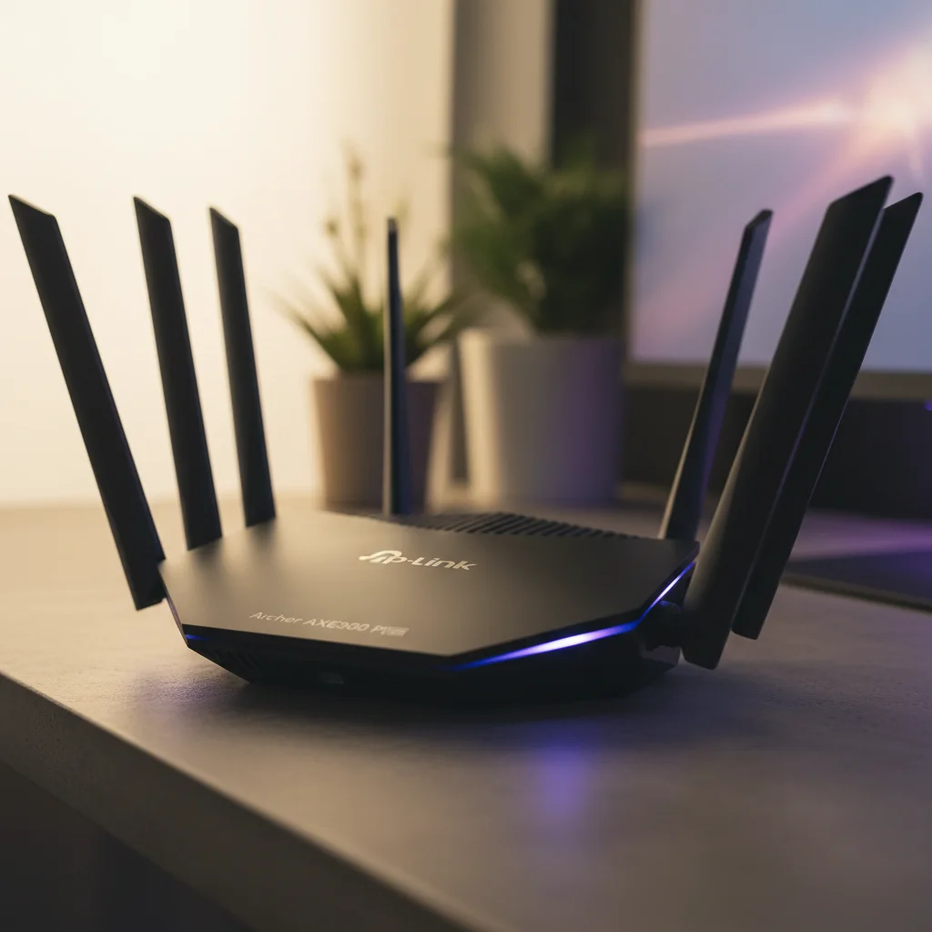 A modern TP-Link Archer AXE300 Pro gaming router, featuring a sleek, dark chassis with multiple antennas angled outwards, presented on a clean, minimalist surface with a soft, ambient light.