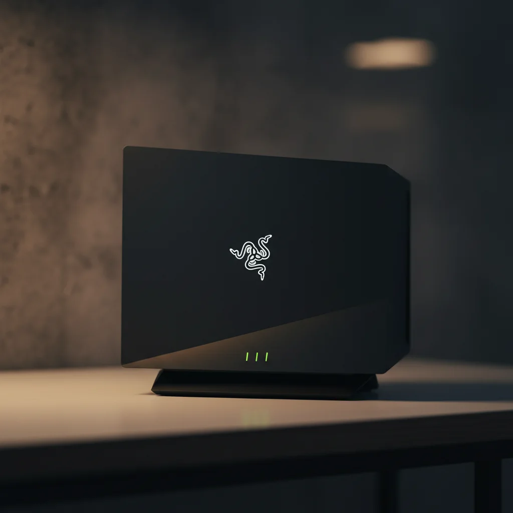 The distinct, minimalist black design of the Razer Sila Pro AX11000 gaming router, featuring a single, prominent Razer logo and understated LED indicators, shown on a textured, dark background.