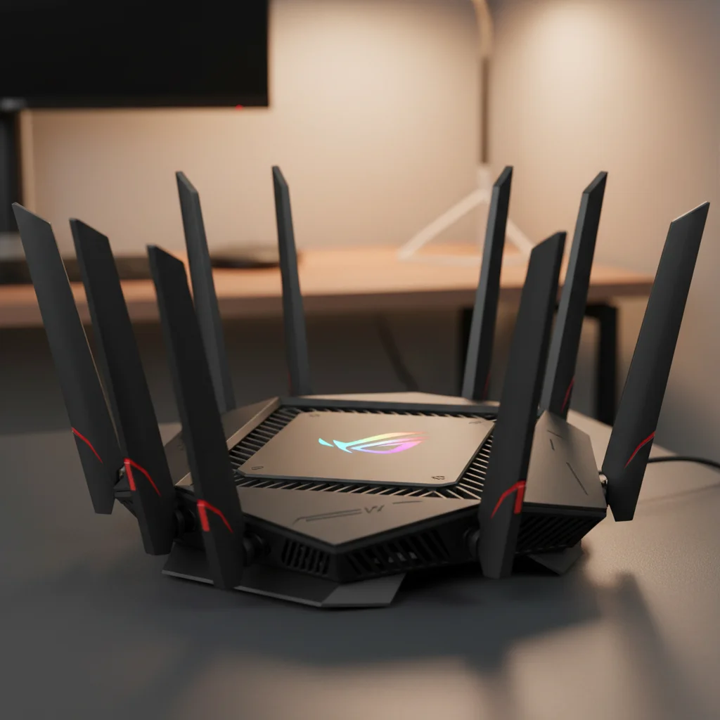 A close-up, angled shot of the ASUS ROG Rapture GT-AXE16000 gaming router, highlighting its aggressive design, multiple antennas, and illuminated ROG logo, in a professional, dynamic style.