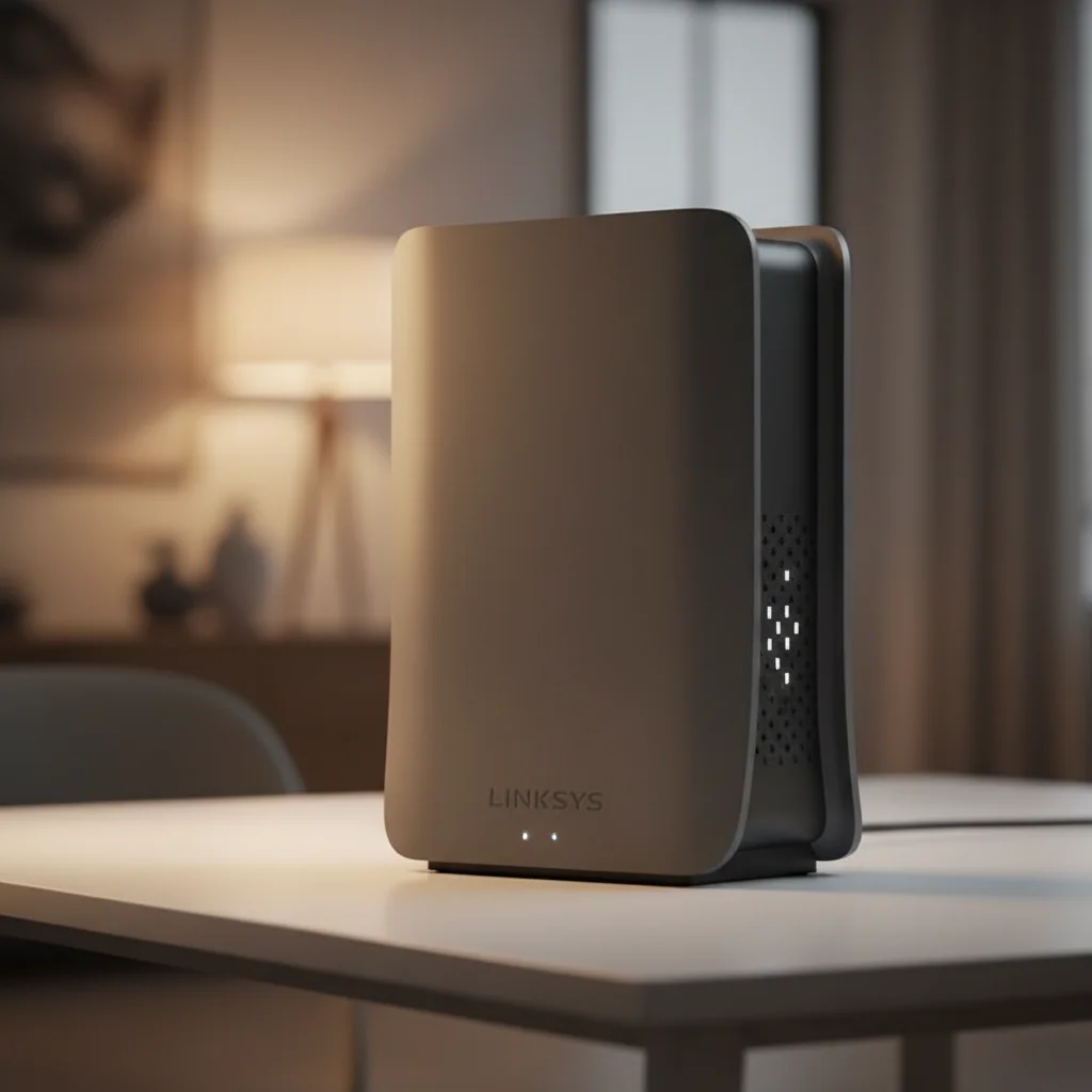 A clean, studio shot of the Linksys Hydra Pro 8 AXE6600, showcasing its modern, vertical form factor and subtle LED indicators, emphasizing its sleek design for home integration.