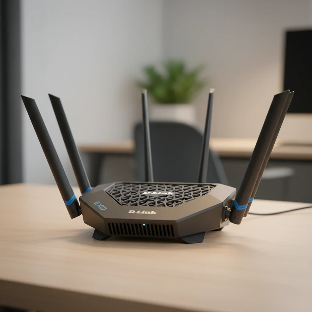A dynamic shot of the D-Link EXO AX5400 router, showcasing its six external antennas and textured top surface, positioned on a desk with a subtle blur in the background to emphasize the product.