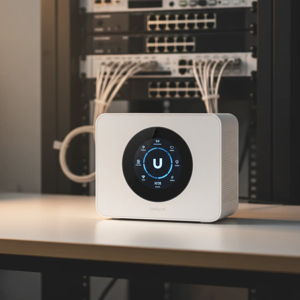A professional front-angle shot of the Ubiquiti UniFi Dream Router Pro, highlighting its clean, minimalist design with a prominent central LED screen, positioned in a modern office or server rack context.