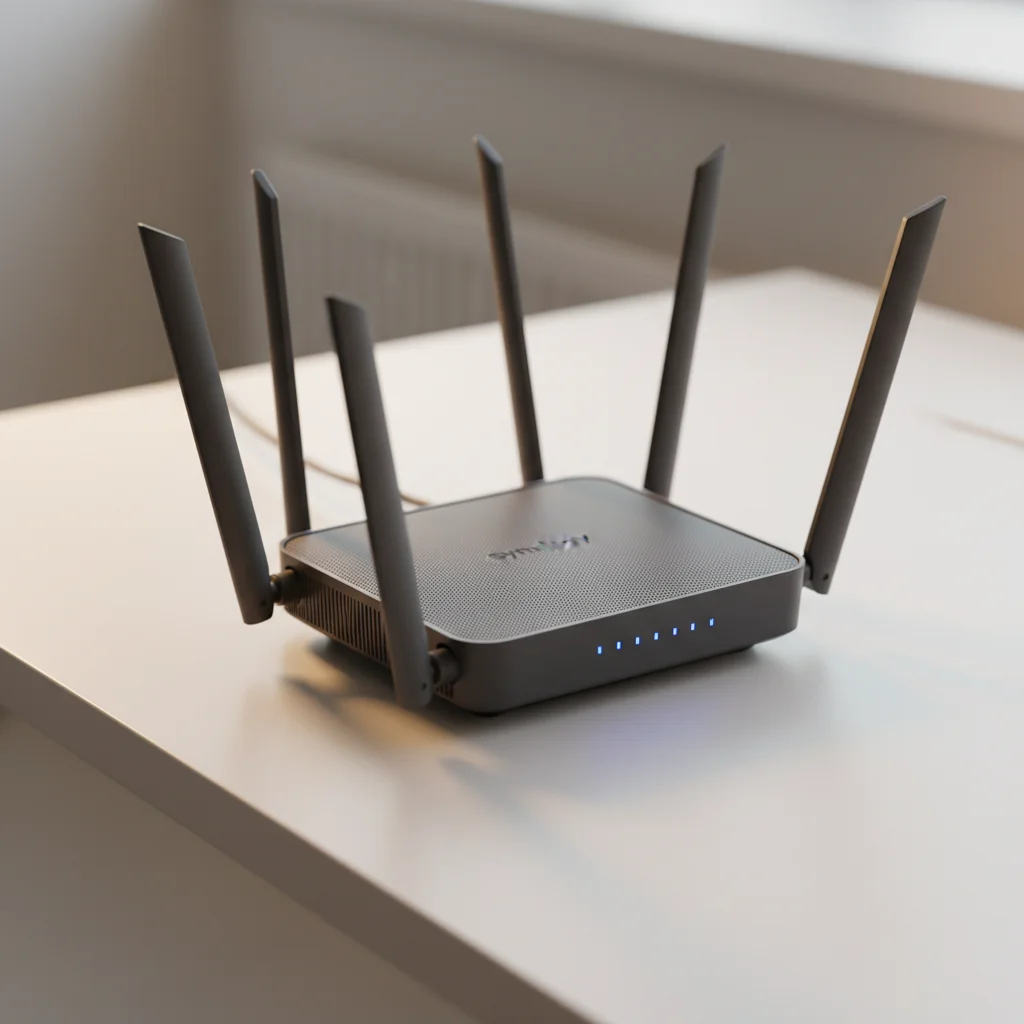 A clean, slightly elevated view of the Synology RT6600ax router, showcasing its six external antennas and a subtle texture on its surface, placed on a light, uncluttered background.