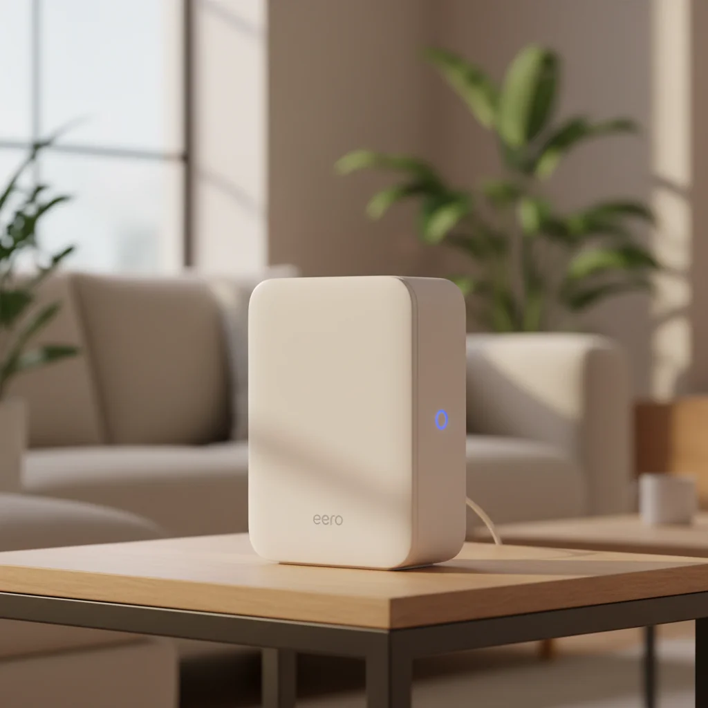 A stylish, minimalist Amazon eero Pro 6E node, showcasing its smooth white finish and compact design, positioned on a modern side table in a well-lit living room setting.