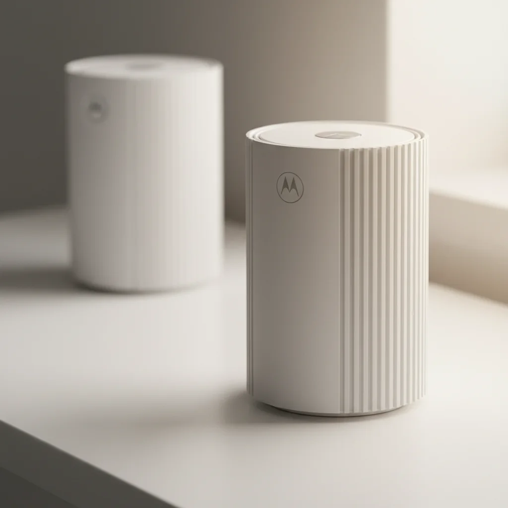 A pair of Motorola QN6000 Gaming Mesh Router nodes, one in the foreground and one slightly blurred in the background, showcasing their unique, minimalist cylindrical design on a modern white surface.