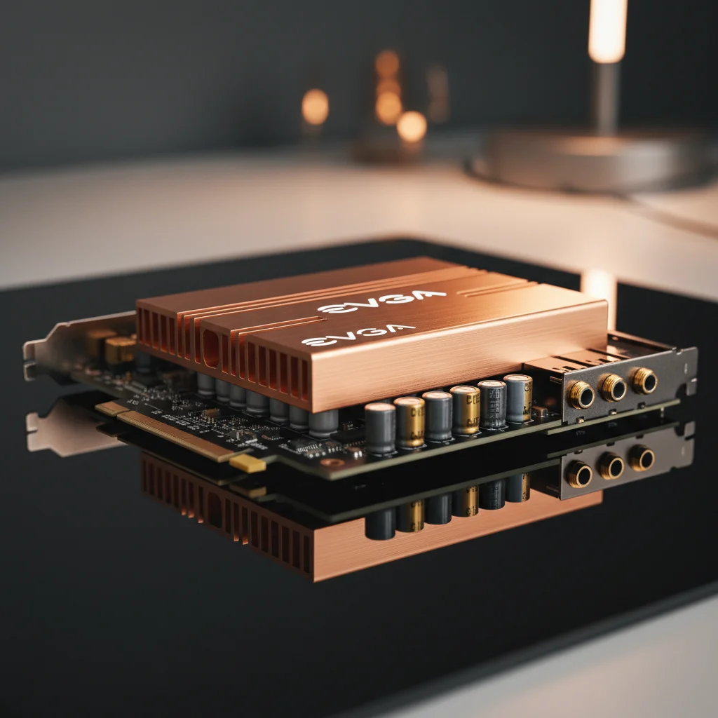 Professional product photograph of the "EVGA NU Audio Pro Gen 2" internal sound card, emphasizing its premium aesthetic with a copper-colored heat sink, high-quality capacitors, and an illuminated EVGA logo. The card is shown on a dark, reflective surface.