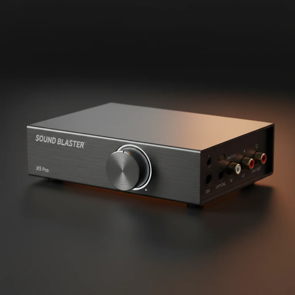 Close-up studio shot of the "Creative Sound Blaster X5 Pro" external sound card, showcasing its sleek design, prominent volume knob, and array of input/output ports. The device is placed on a minimalist black surface with a subtle glow.