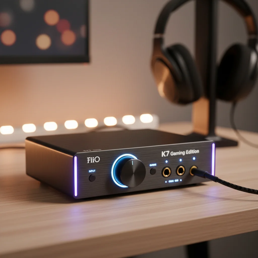 A stylish, professional shot of the "FiiO K7 Gaming Edition" desktop DAC/amplifier, featuring its sleek black aluminum chassis, prominent volume knob, and front-facing 6.35mm and 4.4mm balanced headphone jacks, with a subtle gamer aesthetic.