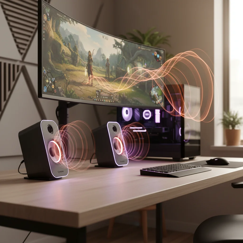 A modern, sleek gaming desk setup featuring a high-performance PC, multiple monitors, and a pair of futuristic-looking gaming speakers emitting ambient RGB light. The image should convey immersive audio without a headset, in a professional, high-tech style.