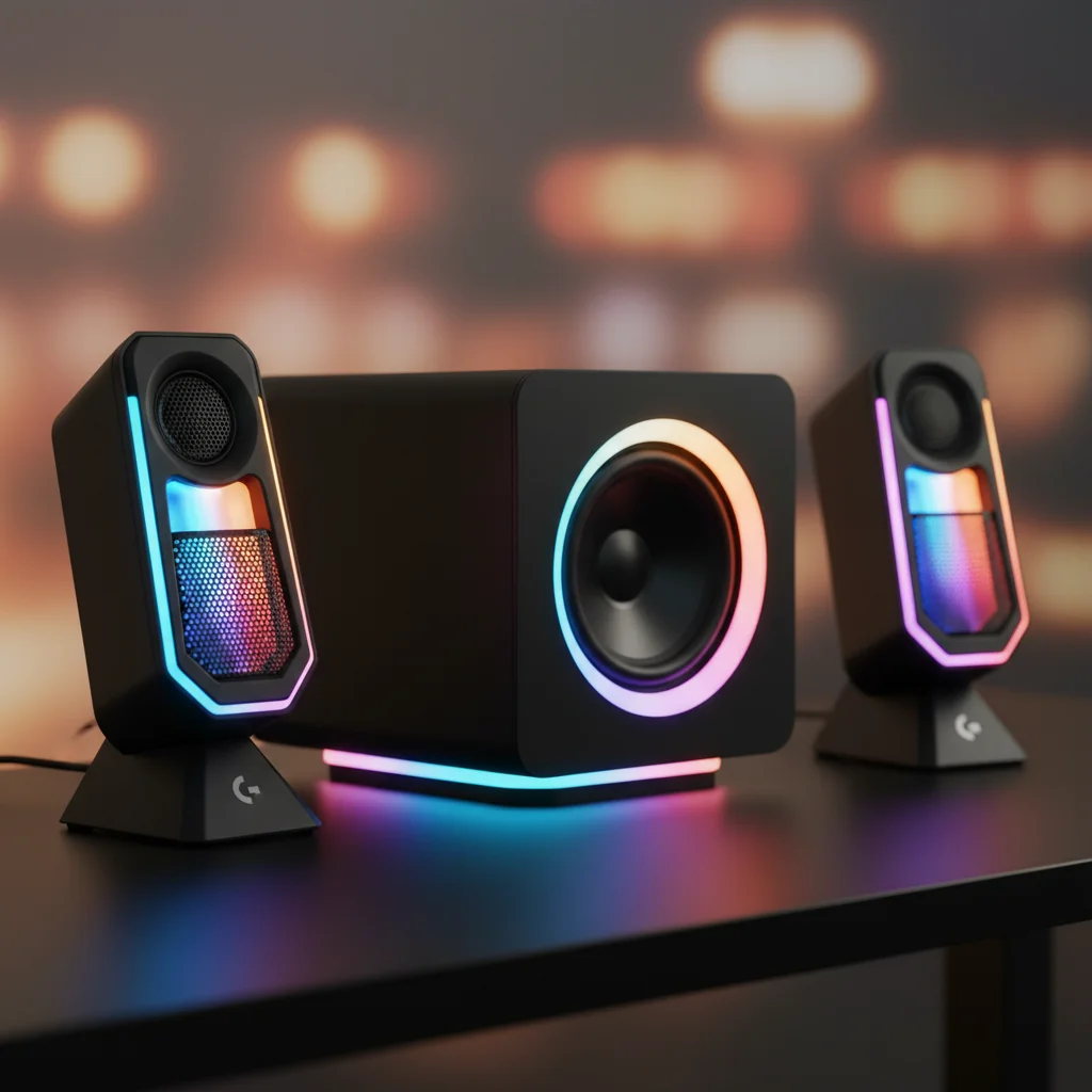 A pair of Logitech G560 LIGHTSYNC PC Gaming Speakers, featuring their distinct satellite shape and a prominent subwoofer, all glowing with dynamic, game-yncing RGB lights on a black desk, shown in a clean product photograph.