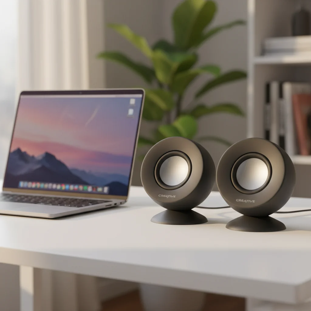 A pair of Creative Pebble V3 2.0 USB-C Speakers, with their distinctive spherical design and upward-firing drivers, positioned neatly on a minimalist white desk next to a laptop, highlighted by soft, natural light, in a clean, modern style.