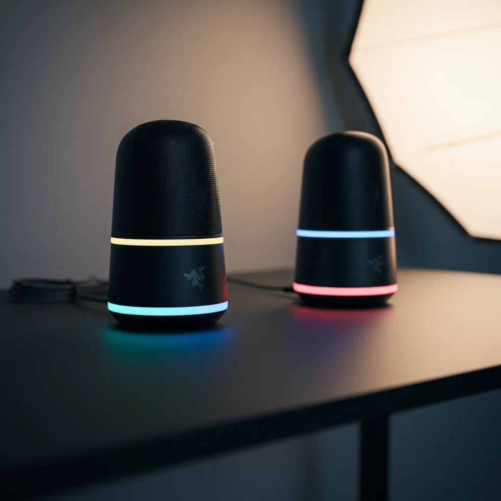 A pair of black Razer Nommo V3 Pro Chroma gaming speakers with their distinctive cylindrical design and upward-firing drivers, illuminated by vibrant, customizable RGB lighting on a dark gaming desk, captured in a high-resolution studio shot.