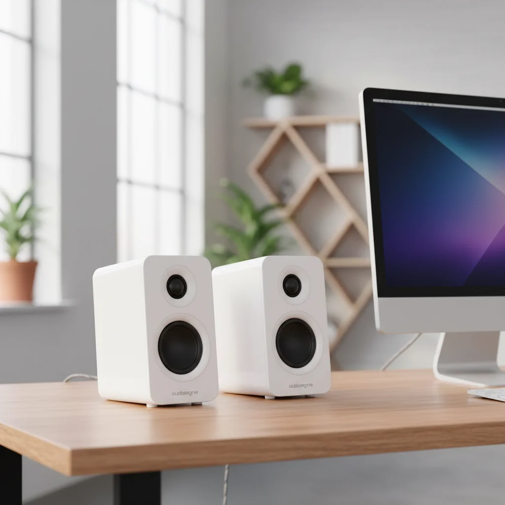A pair of sleek Audioengine A2+ Wireless Speakers in a glossy white finish, positioned elegantly on a wooden desk next to a clean monitor, showcasing their compact yet premium design, in a bright, modern studio setting.