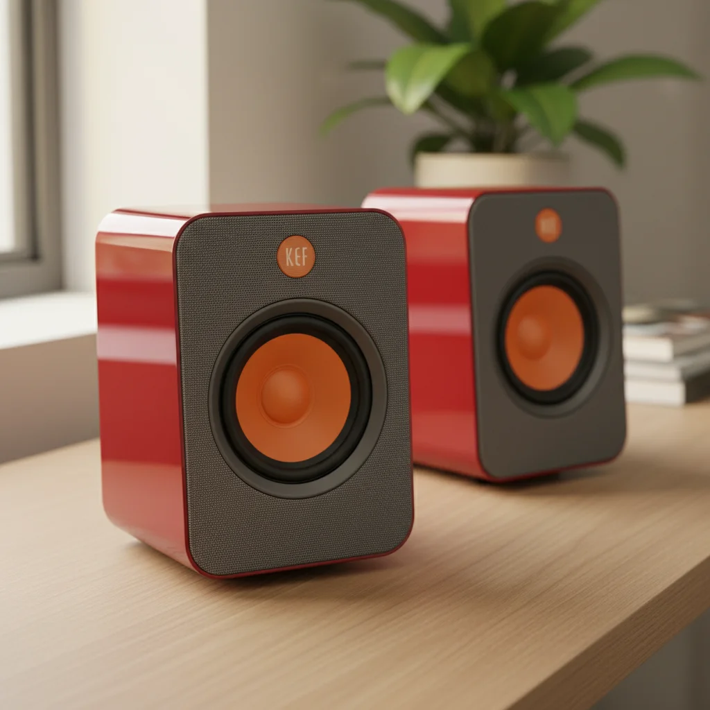 A pair of KEF LSX II Wireless HiFi Speakers in a vibrant, modern color (e.g., crimson red or mineral white), placed on a minimalist, premium wooden desk, showcasing their distinctive Uni-Q driver array and elegant fabric finish, in a high-end lifestyle shot.