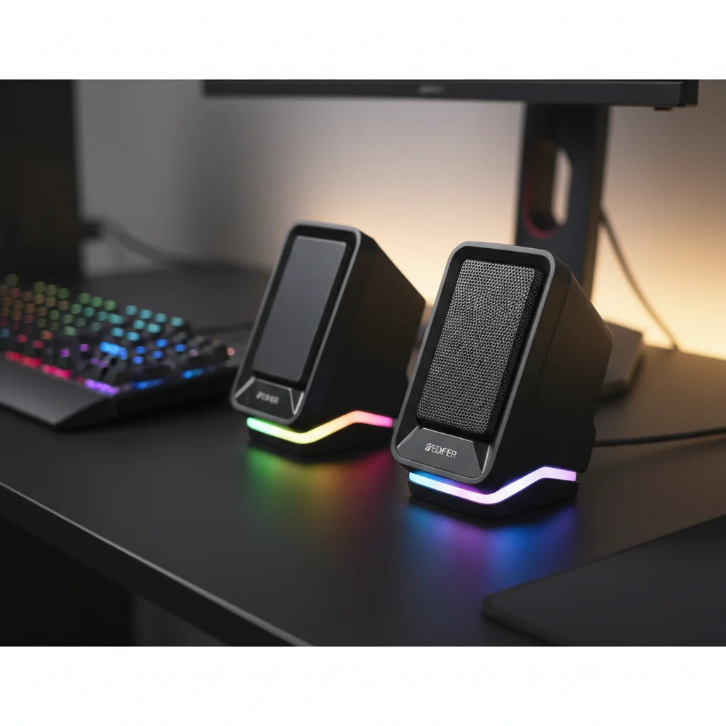 A pair of EDIFIER G2000 Gaming Speakers, compact and angled slightly upwards, showcasing their vibrant, customizable RGB lighting on the base and a sleek, modern design, placed on a dark gaming desk next to a keyboard, in a dynamic product shot.